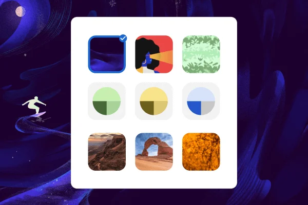 Ikony zobrazují devět různých motivů. Pokud uživatel na některou klikne, obrázek na pozadí se změní.