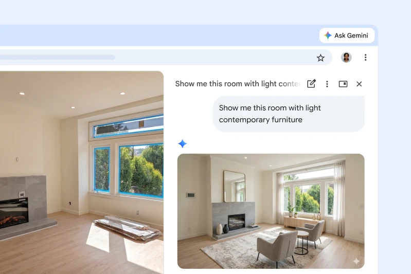 A user asks Gemini in Chrome to add light contemporary furniture to an image of a living room from a webpage.