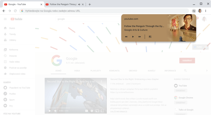 Okno prohlížeče Chrome s dialogovým oknem pro ovládání médií.