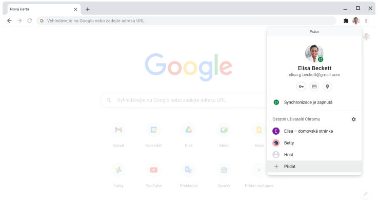 Prohlížeč Chrome s dialogovým oknem přepínače profilů.