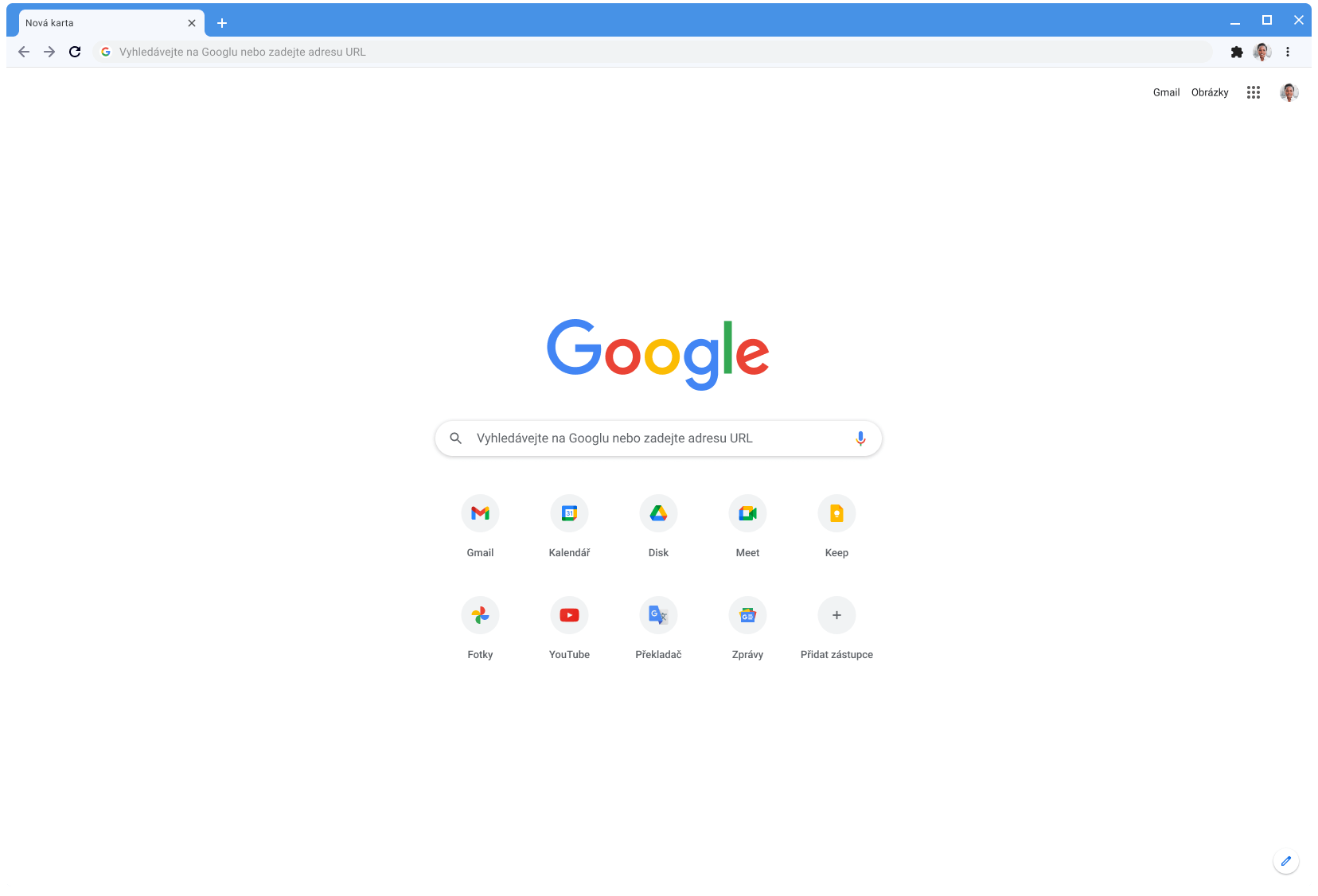 Okno prohlížeče Chrome s webem Google.com v klasickém motivu.