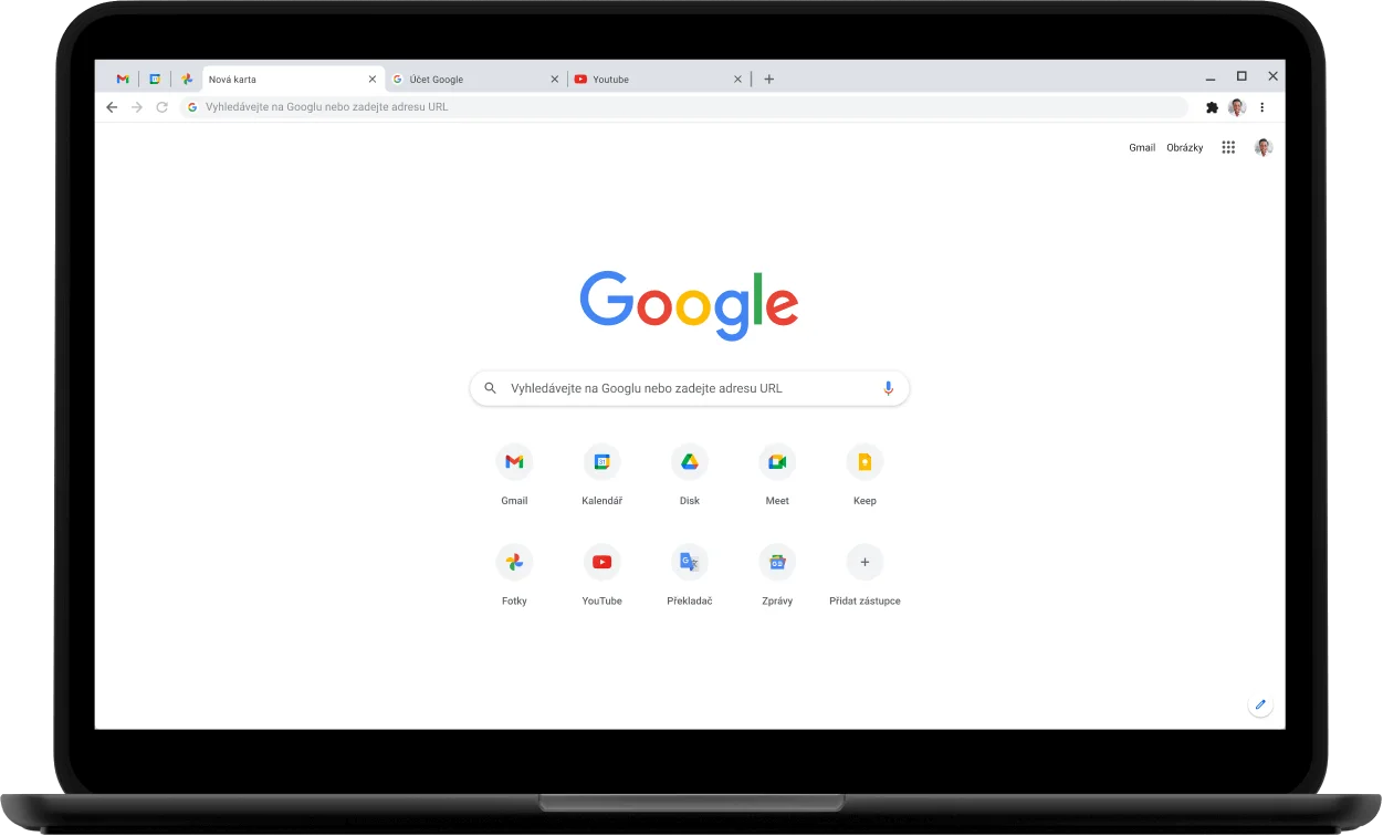 Levý horní roh notebooku Pixelbook. Zobrazen je web Google.com.