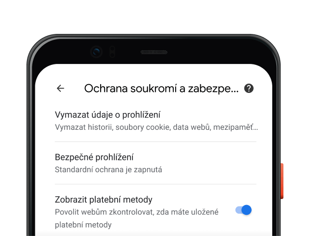 Stránka nastavení ochrany soukromí a zabezpečení prohlížeče Chrome na mobilním zařízení.