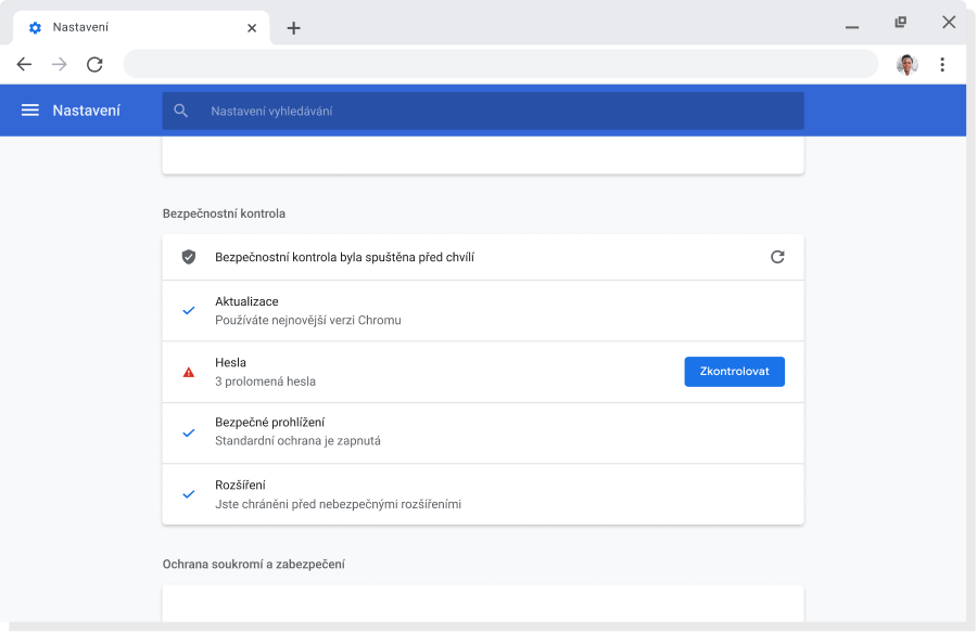 Okno prohlížeče Chrome s nastavením účtu a synchronizace, synchronizace je povolena.