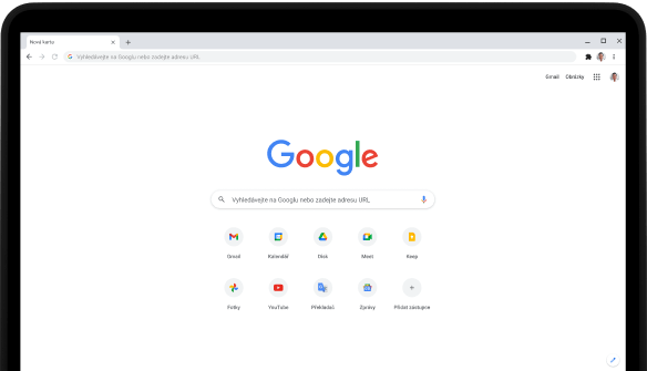 Levý horní roh notebooku Pixelbook. Zobrazeny jsou vyhledávací pole Google.com a oblíbené apolikace