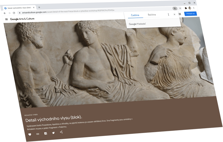 Je zobrazena stránka Google Arts & Culture s dialogovým oknem Překladače Google s překladem do angličtiny.