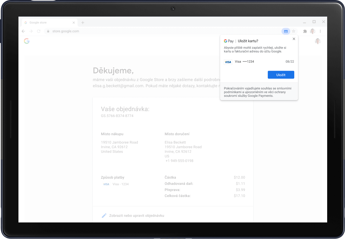 Google Pay confirmation screen shown on a Pixel Slate Tablet.