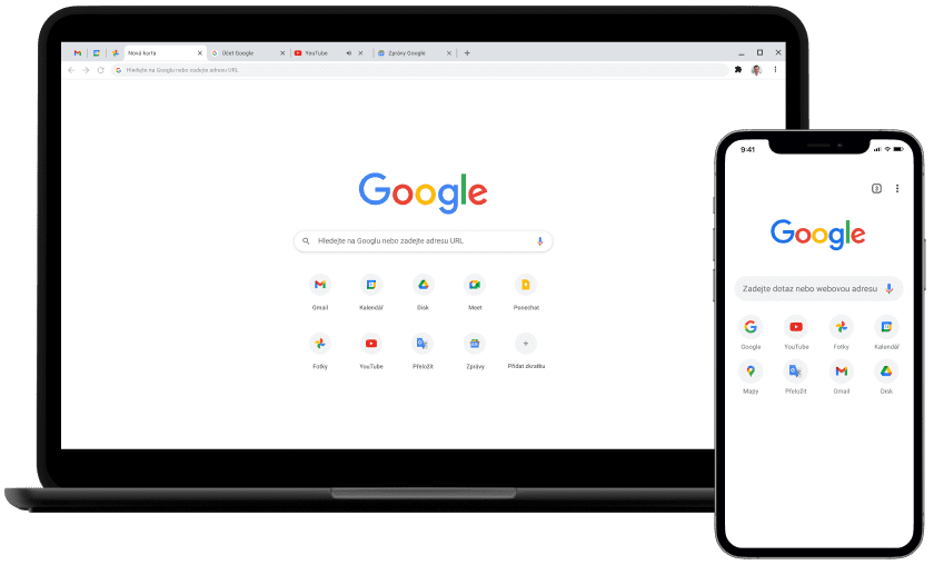 Notebook a mobilní zařízení s domovskou stránkou Google.com