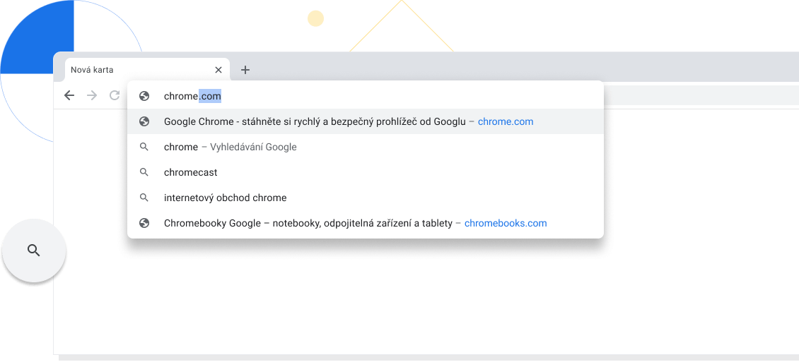 Zvětšené zobrazení nové karty v okně prohlížeče Chrome, v adresním řádku je zadána doména chrome.com.