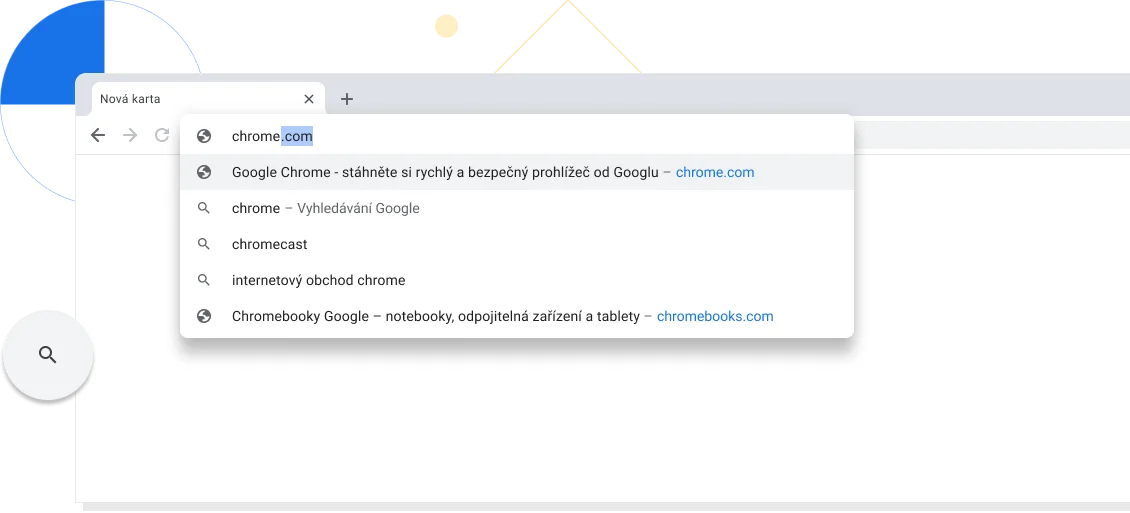 Zvětšené zobrazení nové karty v okně prohlížeče Chrome, v adresním řádku je zadána doména chrome.com.