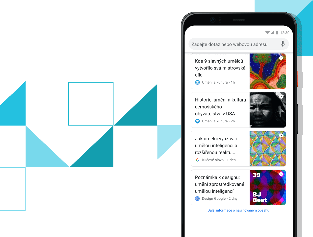 Články pro vás Telefon Pixel 4 XL. Na displeji jsou odkazy na vybrané články.