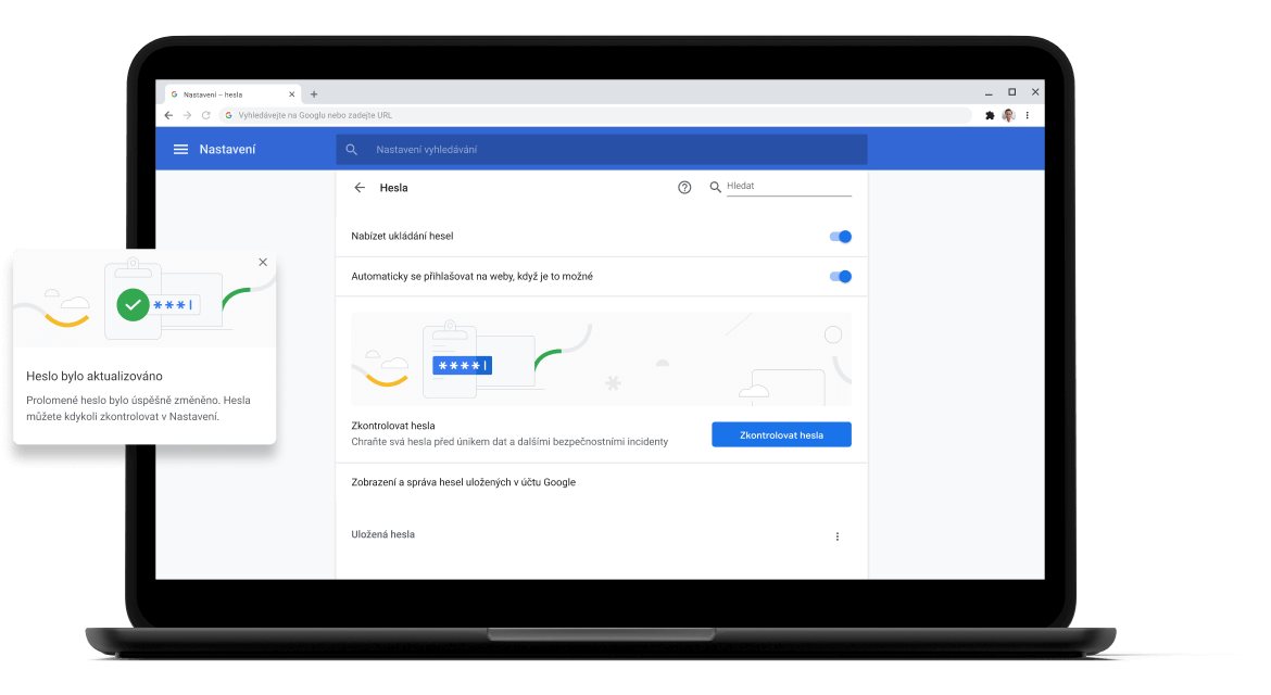 Kontrola hesel Pixelbook Go laptop with screen displaying Chrome password check with a passsword update dialog box.