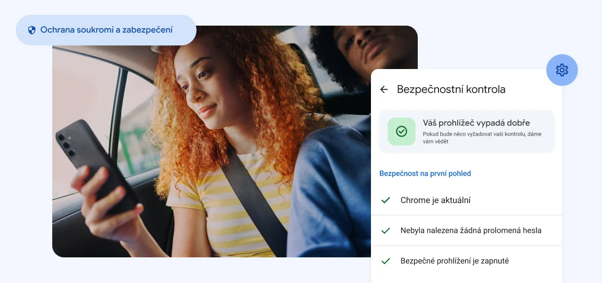 Žena se dívá na telefon. Prvky s textem „Privacy and Security“ (Ochrana soukromí a zabezpečení) a upozorněním na prolomená hesla.