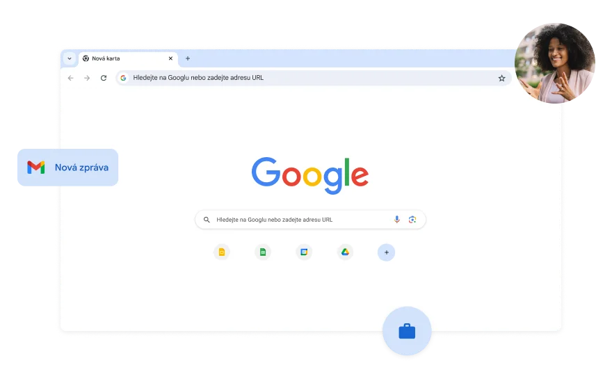 Pozadí stránky Vyhledávání Google je bílé. V rohu je fotka ženy.