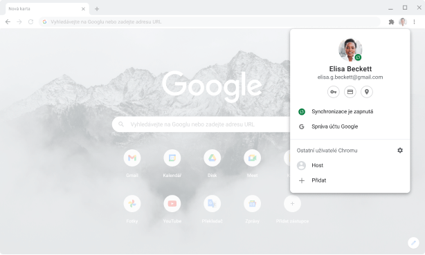 Okno prohlížeče Chrome s nastavením účtu a synchronizace, synchronizace je povolena.