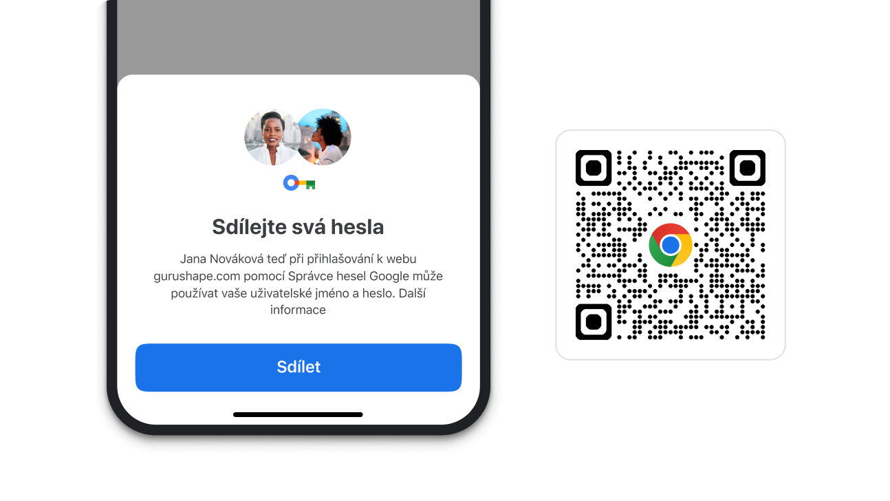 Modul v prohlížeči Chrome, který umožňuje sdílet hesla. Vedle modulu je QR kód, pomocí kterého lze stáhnout Chrome.