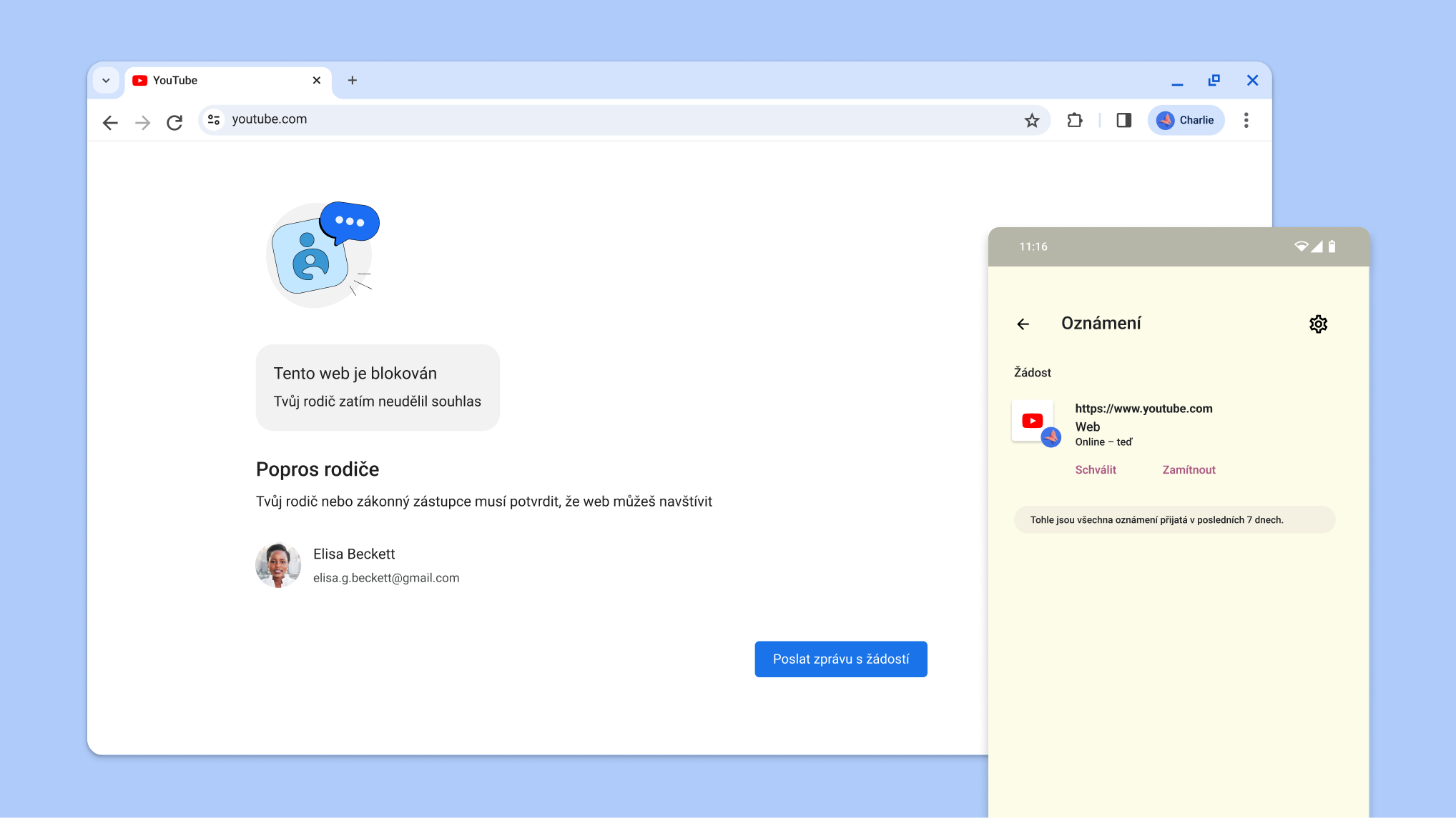Web zablokovaný rodičovskou kontrolou a oznámení aplikace Family Link se žádostí o schválení přístupu