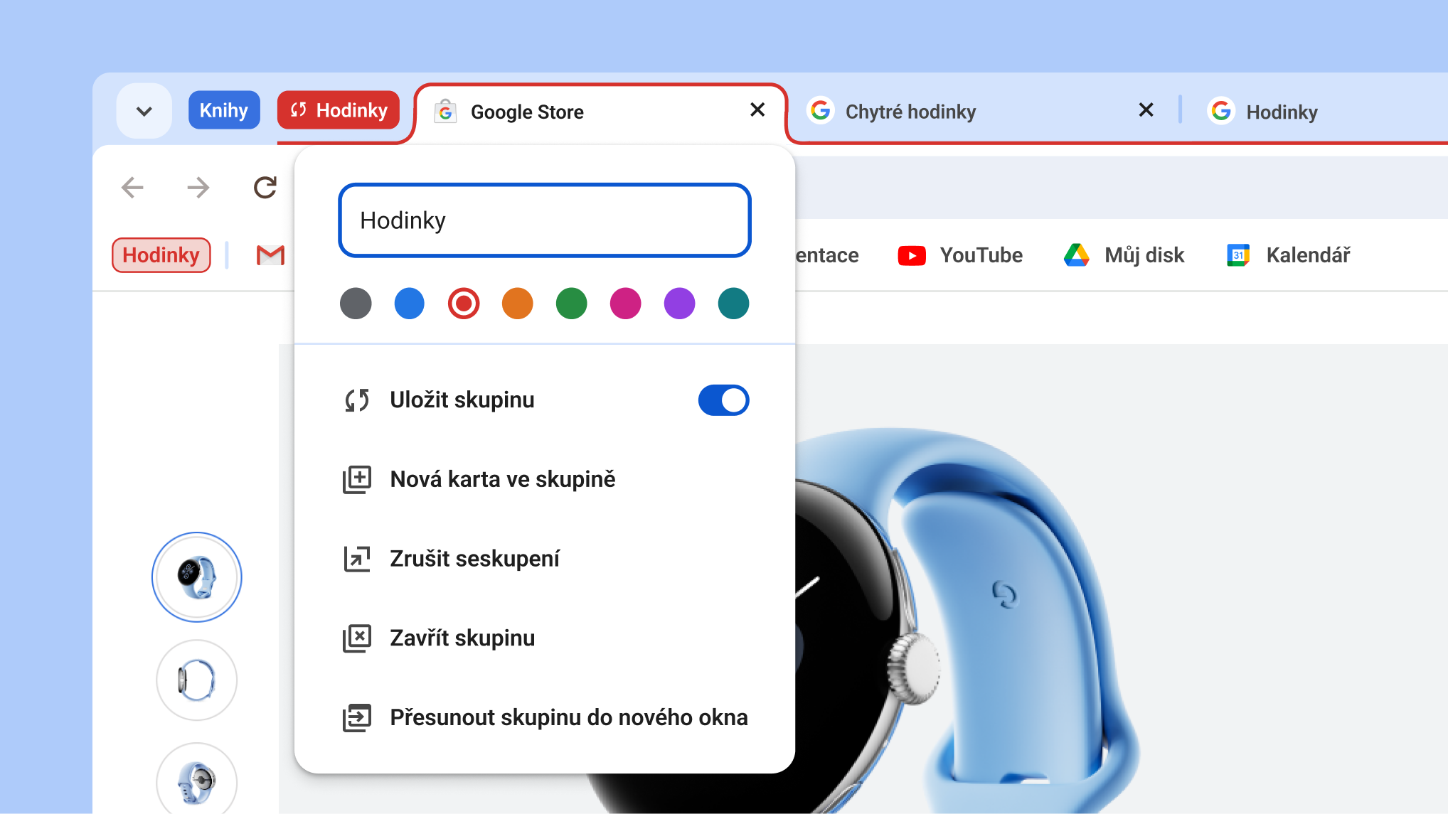 Otevřená nabídka skupiny karet s novými možnostmi uložení a skrytí skupiny