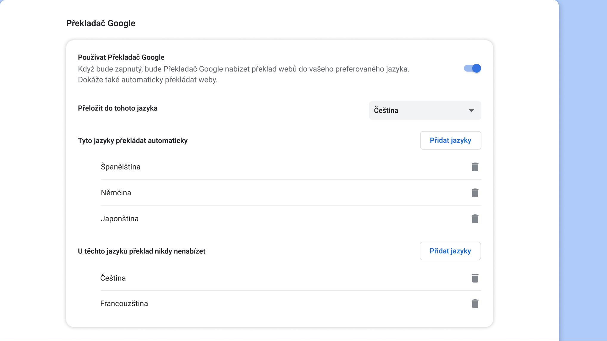 Stránka nastavení Překladače Google v Chromu