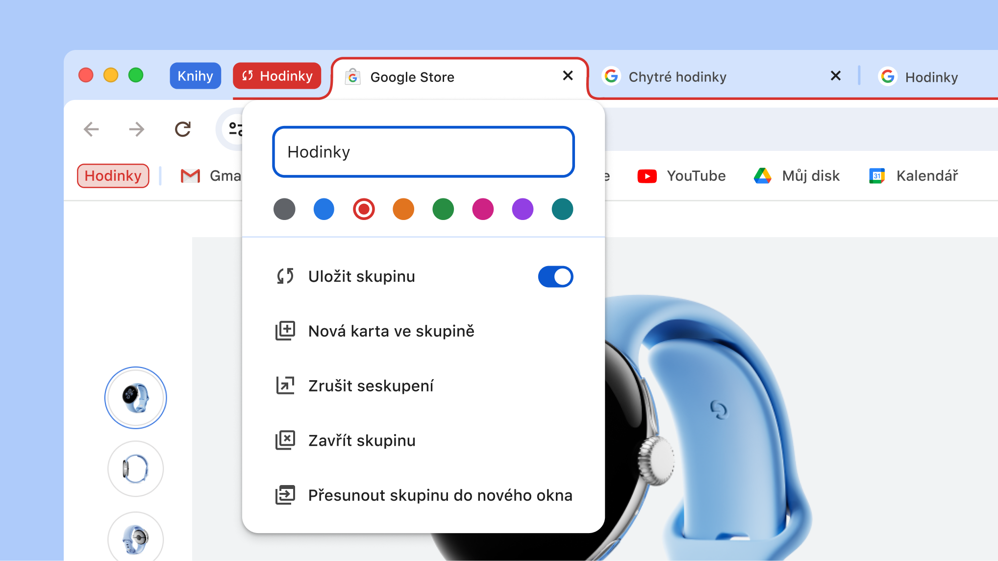 Otevřená nabídka skupiny karet s novými možnostmi uložení a skrytí skupiny