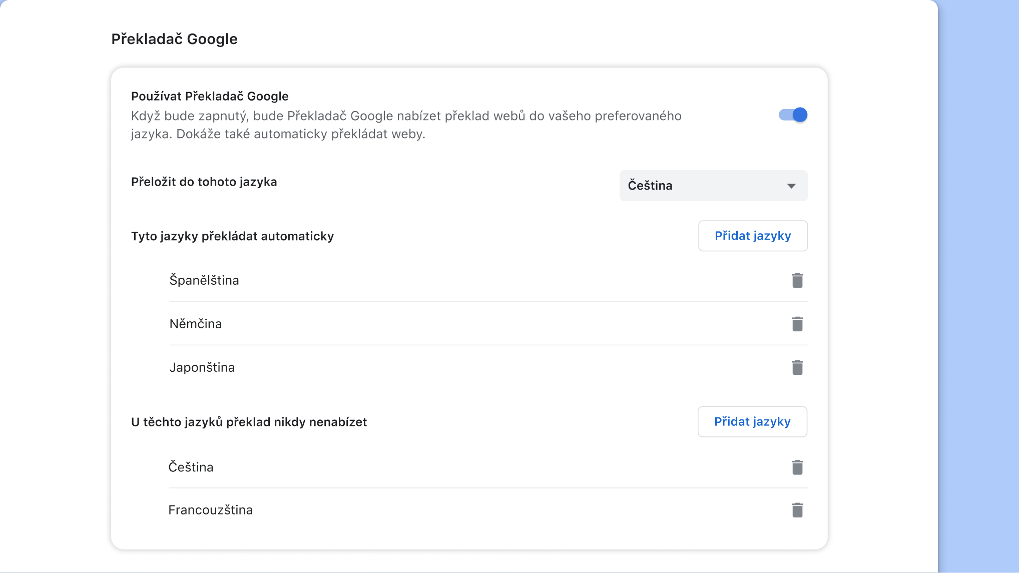Stránka nastavení Překladače Google v Chromu