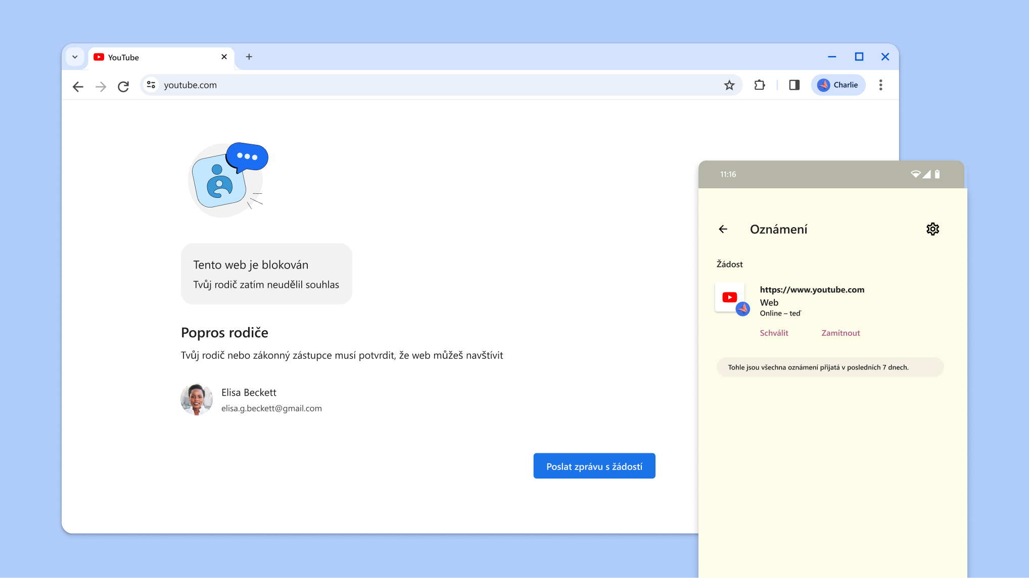 Web zablokovaný rodičovskou kontrolou a oznámení aplikace Family Link se žádostí o schválení přístupu