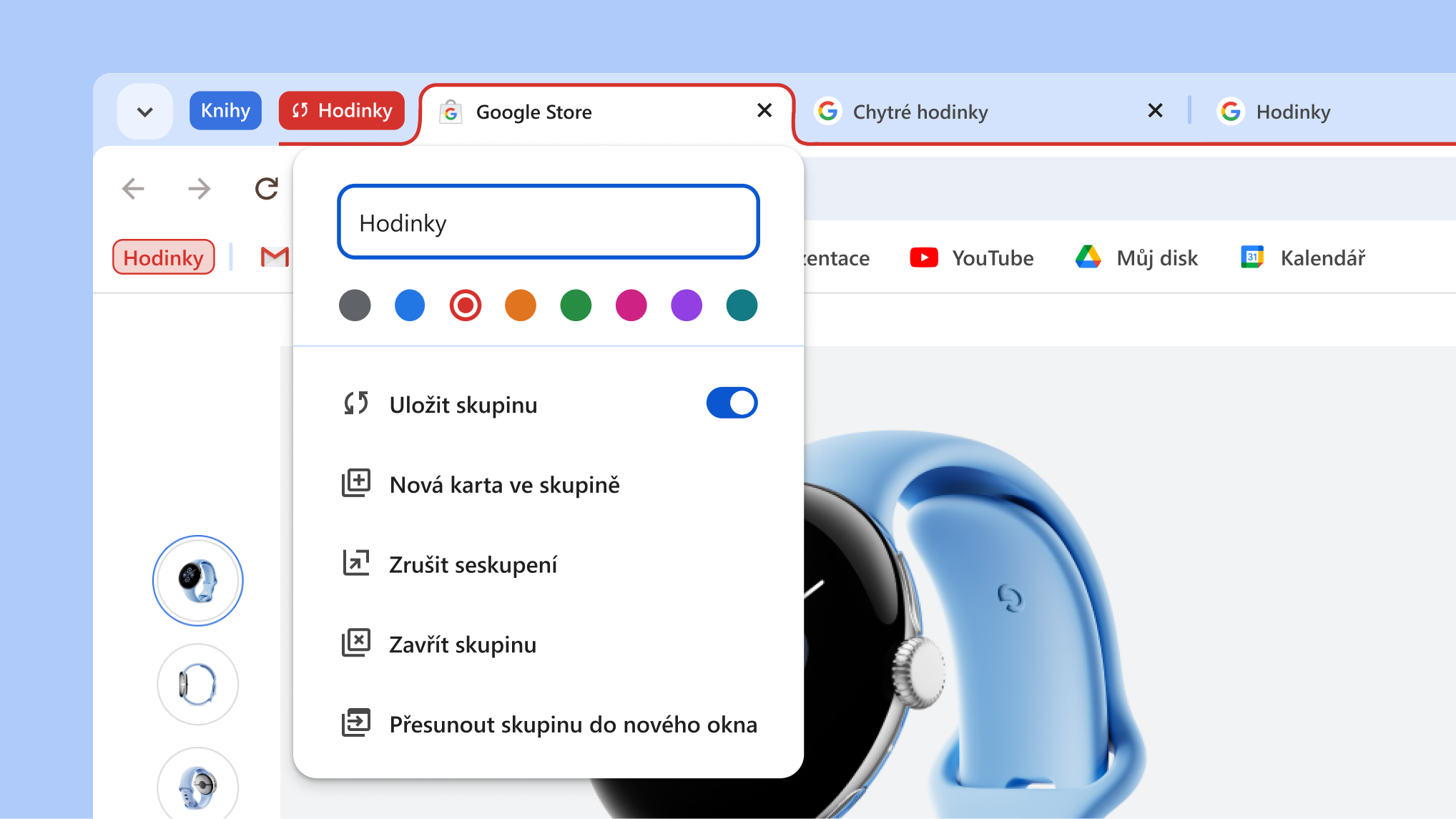 Otevřená nabídka skupiny karet s novými možnostmi uložení a skrytí skupiny