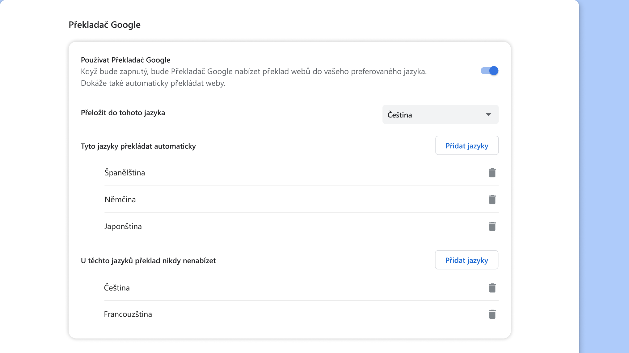 Stránka nastavení Překladače Google v Chromu