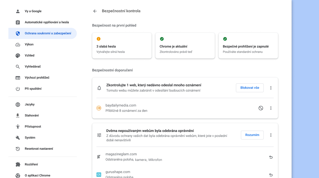 Bezpečnostní kontrola Chrome kontroluje na pozadí problémy s ochranou soukromí a zabezpečením a následně zobrazuje stav zabezpečení a případná relevantní doporučení ke zlepšení bezpečnosti.