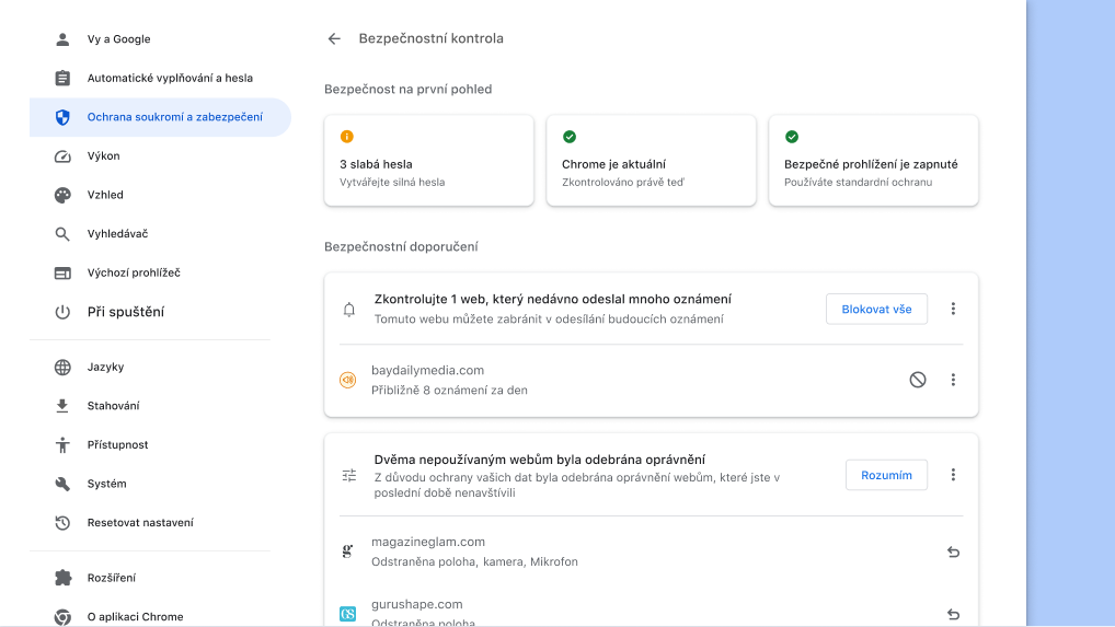 Bezpečnostní kontrola Chrome kontroluje na pozadí problémy s ochranou soukromí a zabezpečením a následně zobrazuje stav zabezpečení a případná relevantní doporučení ke zlepšení bezpečnosti.