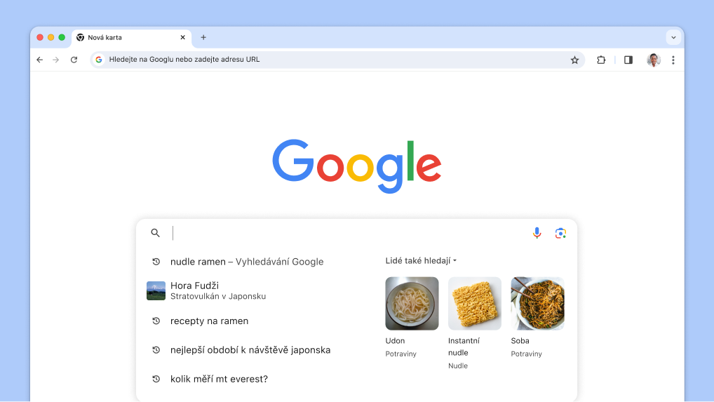 Kurzor se zobrazí ve vyhledávacím poli s automaticky načtenými dřívějšími vyhledáváními a souvisejícími tématy.