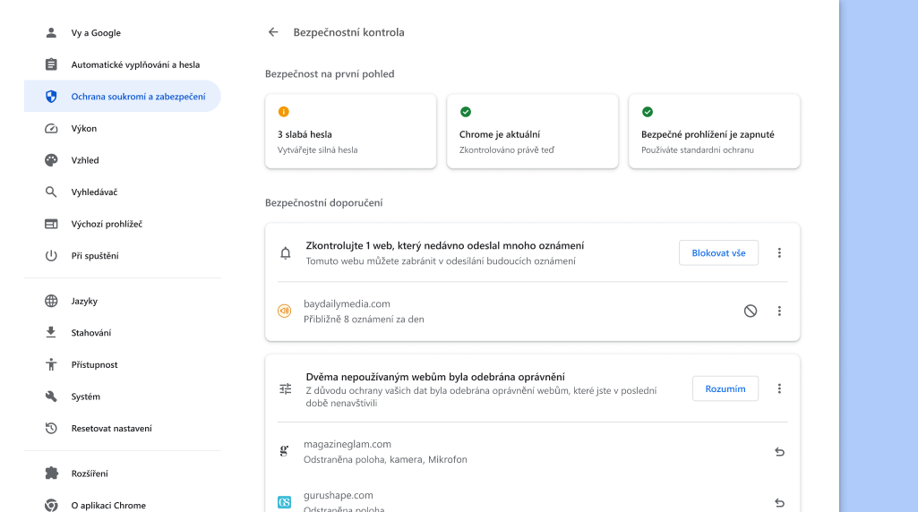 Bezpečnostní kontrola Chrome kontroluje na pozadí problémy s ochranou soukromí a zabezpečením a následně zobrazuje stav zabezpečení a případná relevantní doporučení ke zlepšení bezpečnosti.