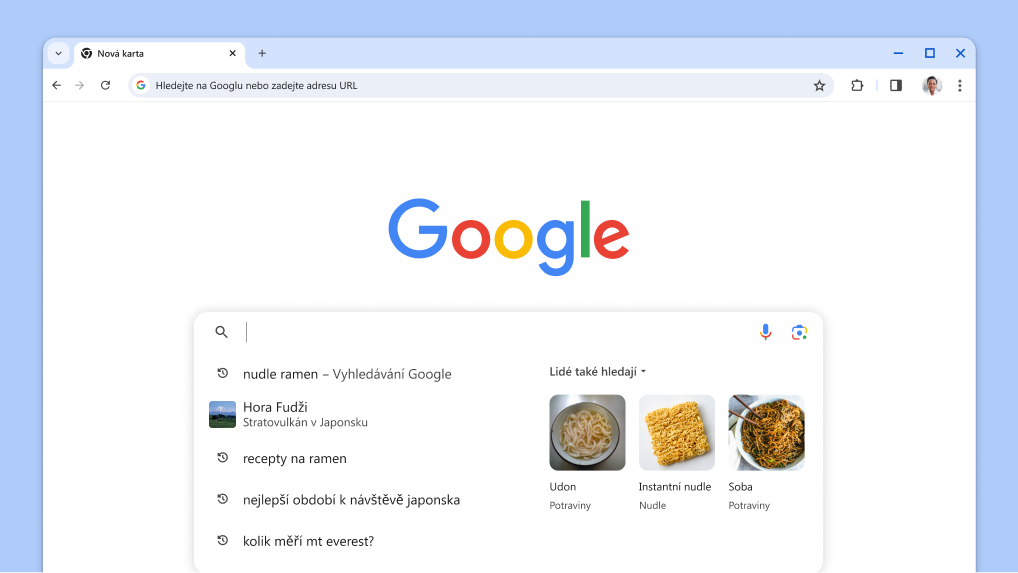Kurzor se zobrazí ve vyhledávacím poli s automaticky načtenými dřívějšími vyhledáváními a souvisejícími tématy.