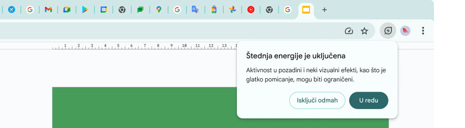 Pokazivač je kliknuo ikonu štednje energije, koja objašnjava da su aktivnosti u pozadini i neki vizualni efekti ograničeni radi uštede memorije.
