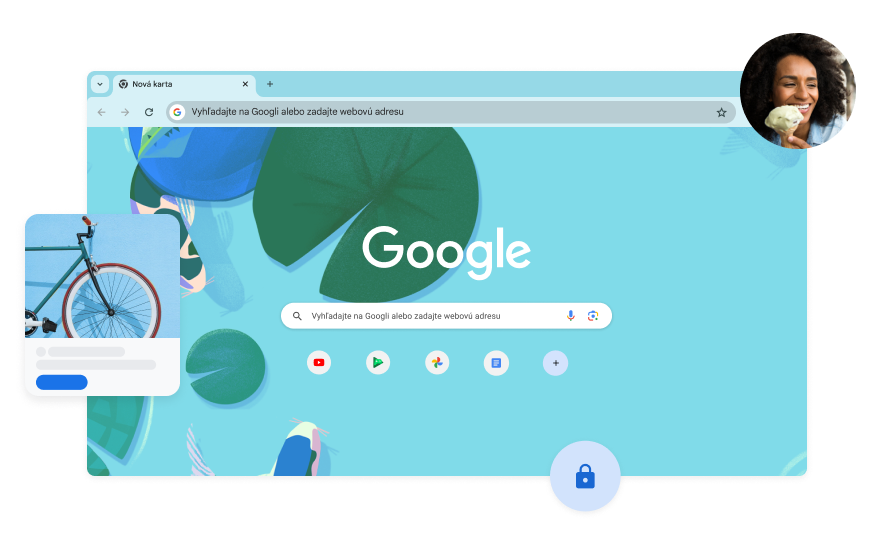Na pozadí stránky Vyhľadávania Google je modrá ilustrácia ryby v rybníku s kaprami koi. V rohu je fotka ženy.