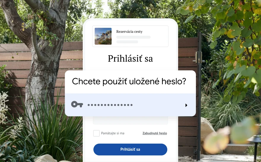Prihlasovacia stránka na rezerváciu cesty žiada o použitie uloženého hesla. Na pozadí je prírodná scenéria.