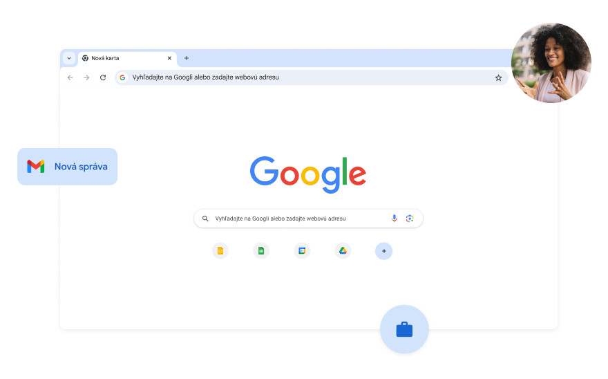 Pozadie stránky Vyhľadávania Google je biele. V rohu je fotka ženy.