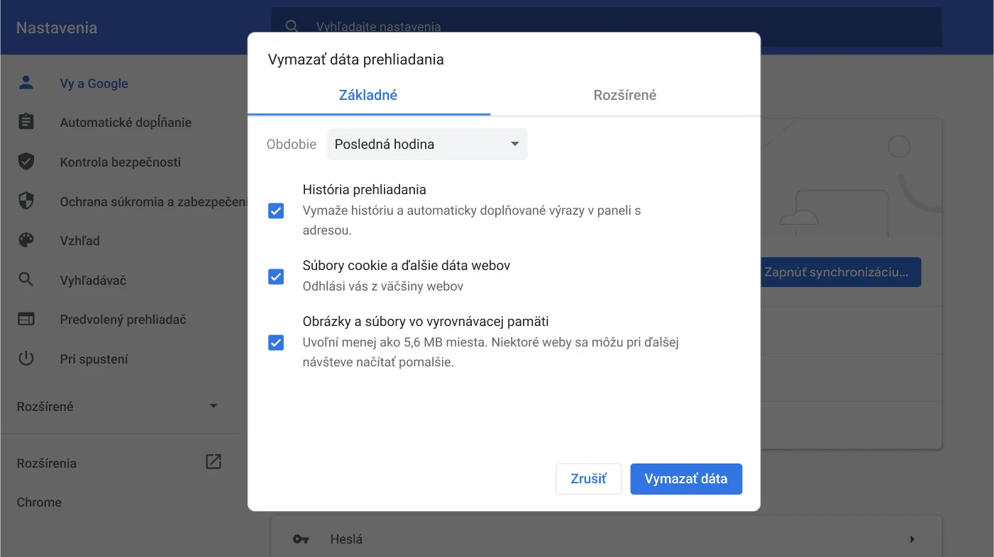 Okno nastavení prehliadača Chrome s ponukou možností Vymazať dáta prehliadania.