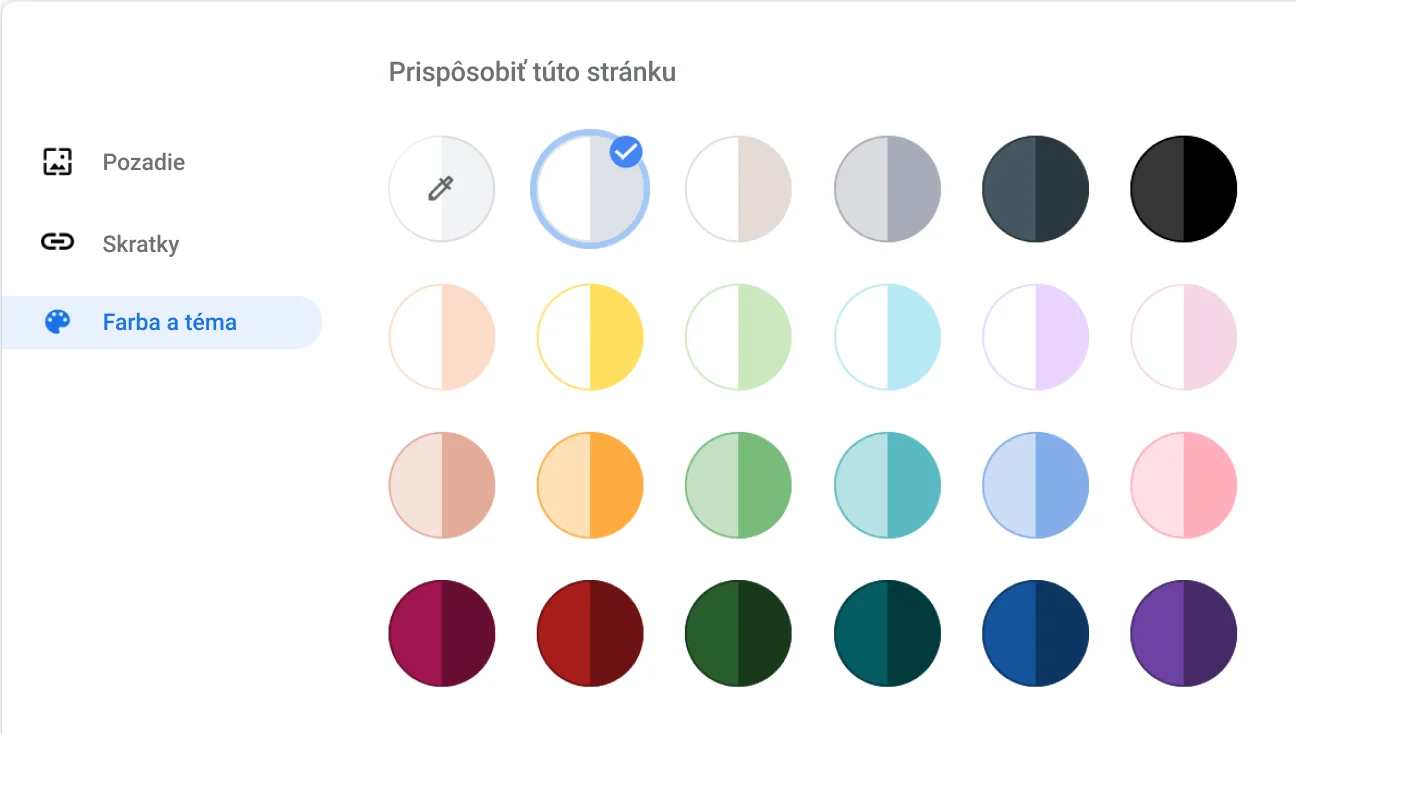 Okno nastavení prehliadača Chrome s dialógovým oknom Farba a motív.