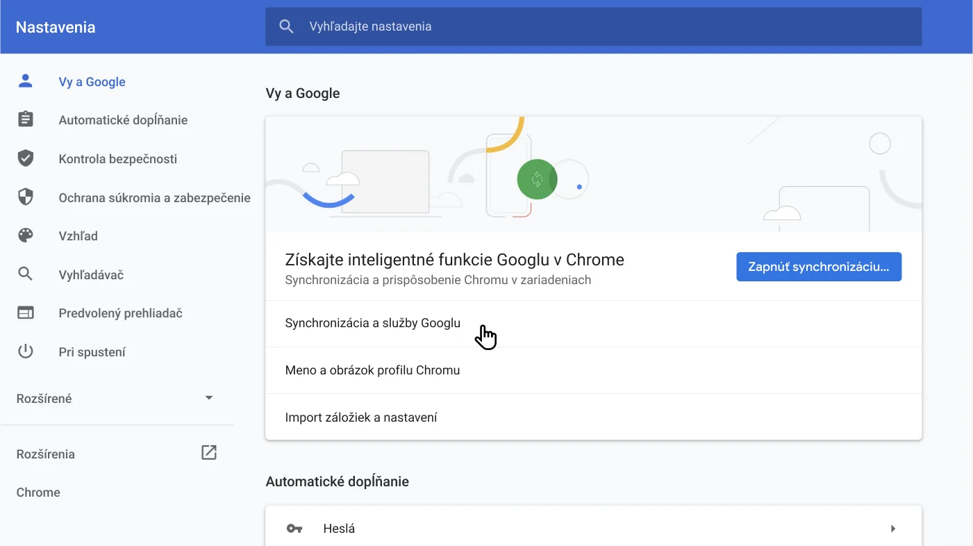 Okno nastavení prehliadača Chrome s ponukou možností Vy a Google.